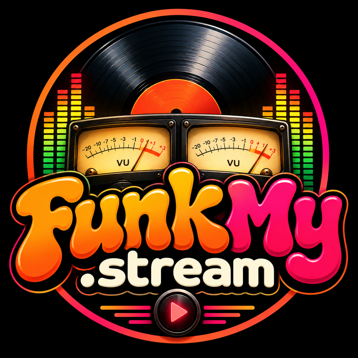 FunkMy.stream vinyl record and glowing stereo VU meters